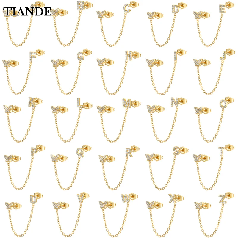 

TIANDE Silver Color Gold Plated Initial Chain Stud Earring for Women 1 PC A-Z Letter Butterfly Earrings 2022 Jewelry Wholesale