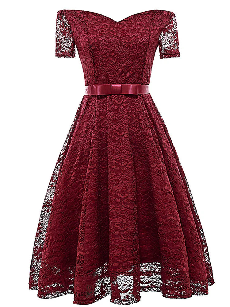 

Retro One Line Neck Bow Tie Nude Back Large Swing Dress Casual High Waist Lace Dress 2022 Summer Women's Wear Sexy Woman Clothes