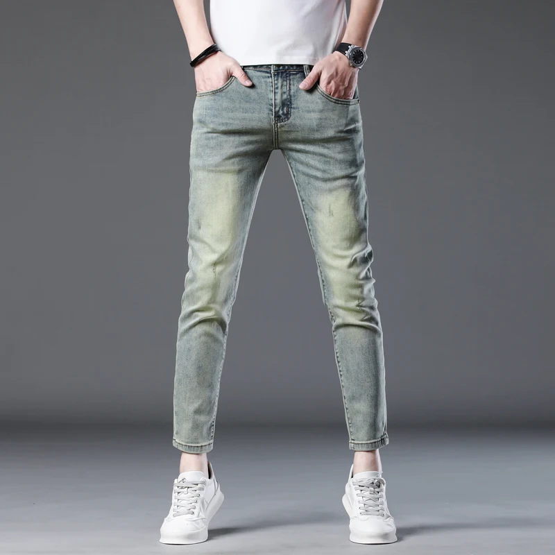 Мужские джинсы в стиле ретро синие облегающие брюки до щиколотки Стрейчевые