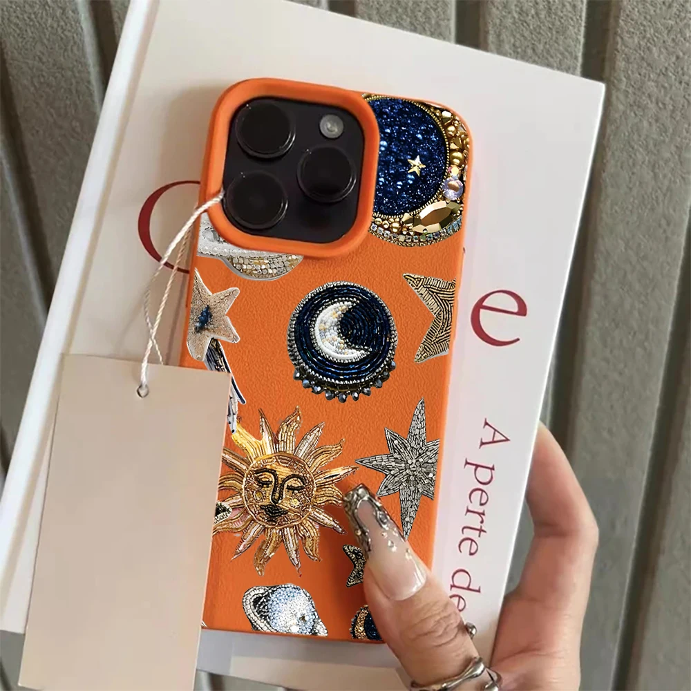 Фото Чехол Sun Moon Star с текстурой личи для iPhone 17 16 15 14 13 12 11 Pro Max, в стиле бохо, с астрологическим дизайном, противоударный, из мягкого ТПУ №3