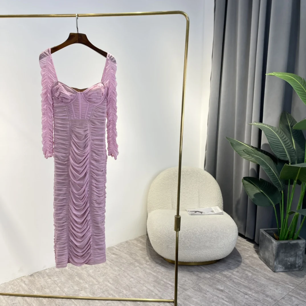 

2022 New Arrival Spring Autumn Solid Pink Party Style High Quality Slim Fit Sheath Folds Design Women Midi Dresses