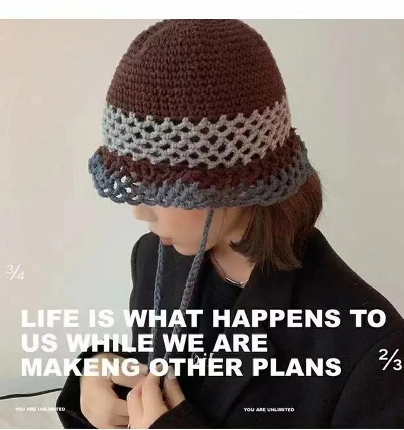 

Korea cute new hand-knitted Bucket hat women's spring summer net red with knitted fisherman hat hollow head cap