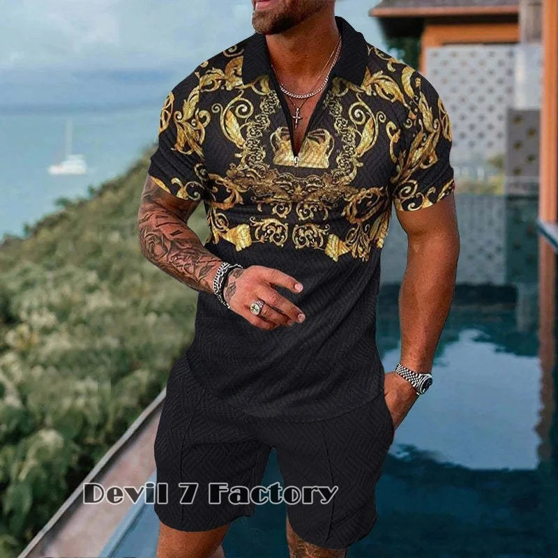Men's Lapel Polo Shirts Shorts 2 Piece Sets Breathable Summer Sportswear Outfits 3D Printed High Quality Man Clothing Tracksuit