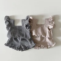 baby girls short sleeves with wood ear edge 2 piece shorts set childrens clothing summer thin girls checked shorts newborn