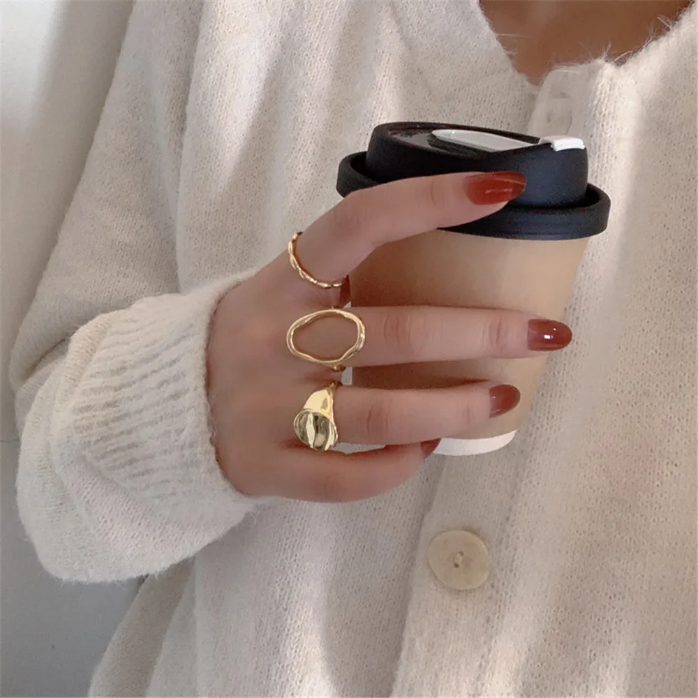 

Vintage Metal Geometric Hollow Three-piece Ring Set for Women Punk Hip Hop Gold Color Metal Knuckle Finger Ring Trend Jewelry