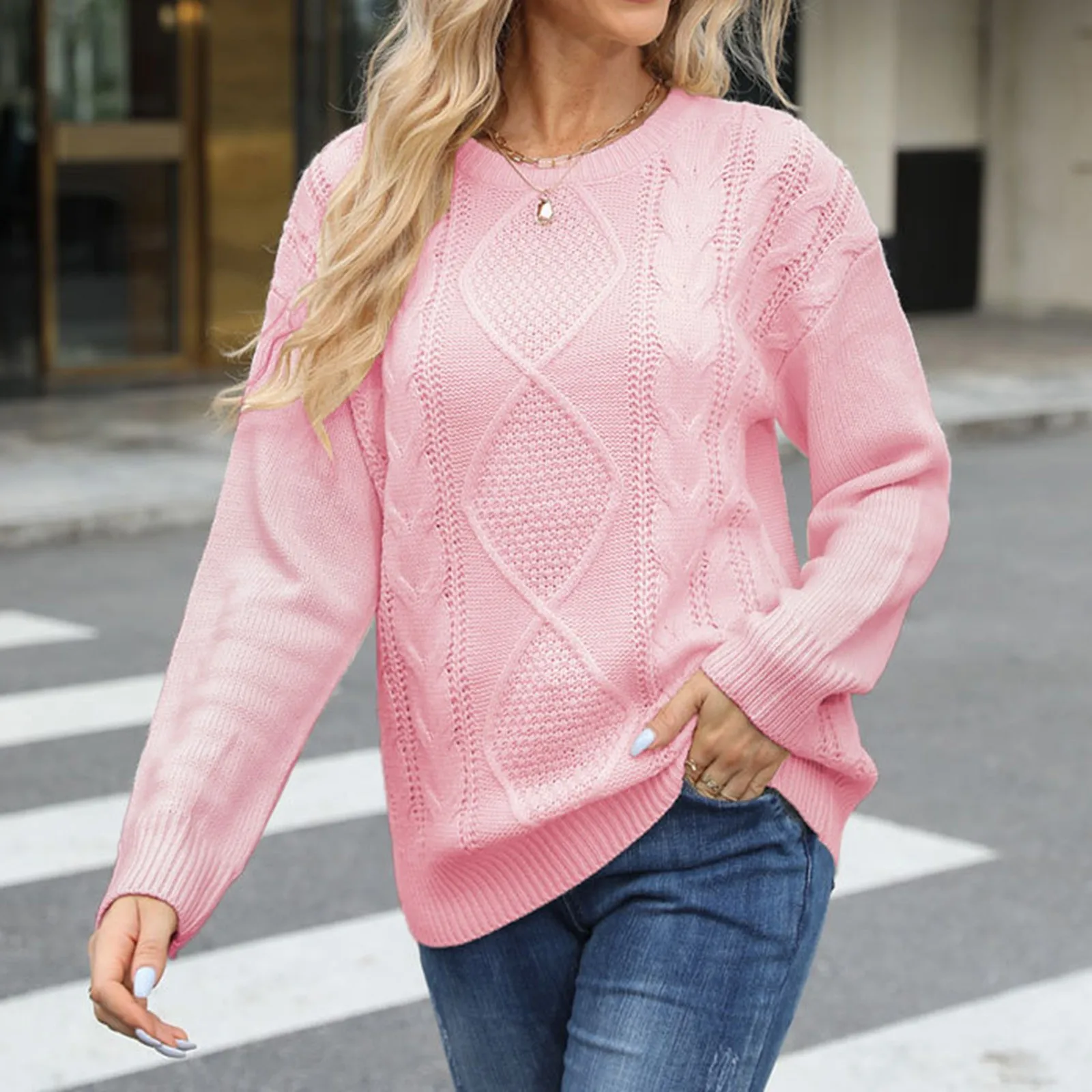 

Женский вязаный свитер, милый розовый пуловер с круглым вырезом, однотонный топ, повседневный Базовый теплый свитер, женская одежда в Корейском стиле на осень и зиму