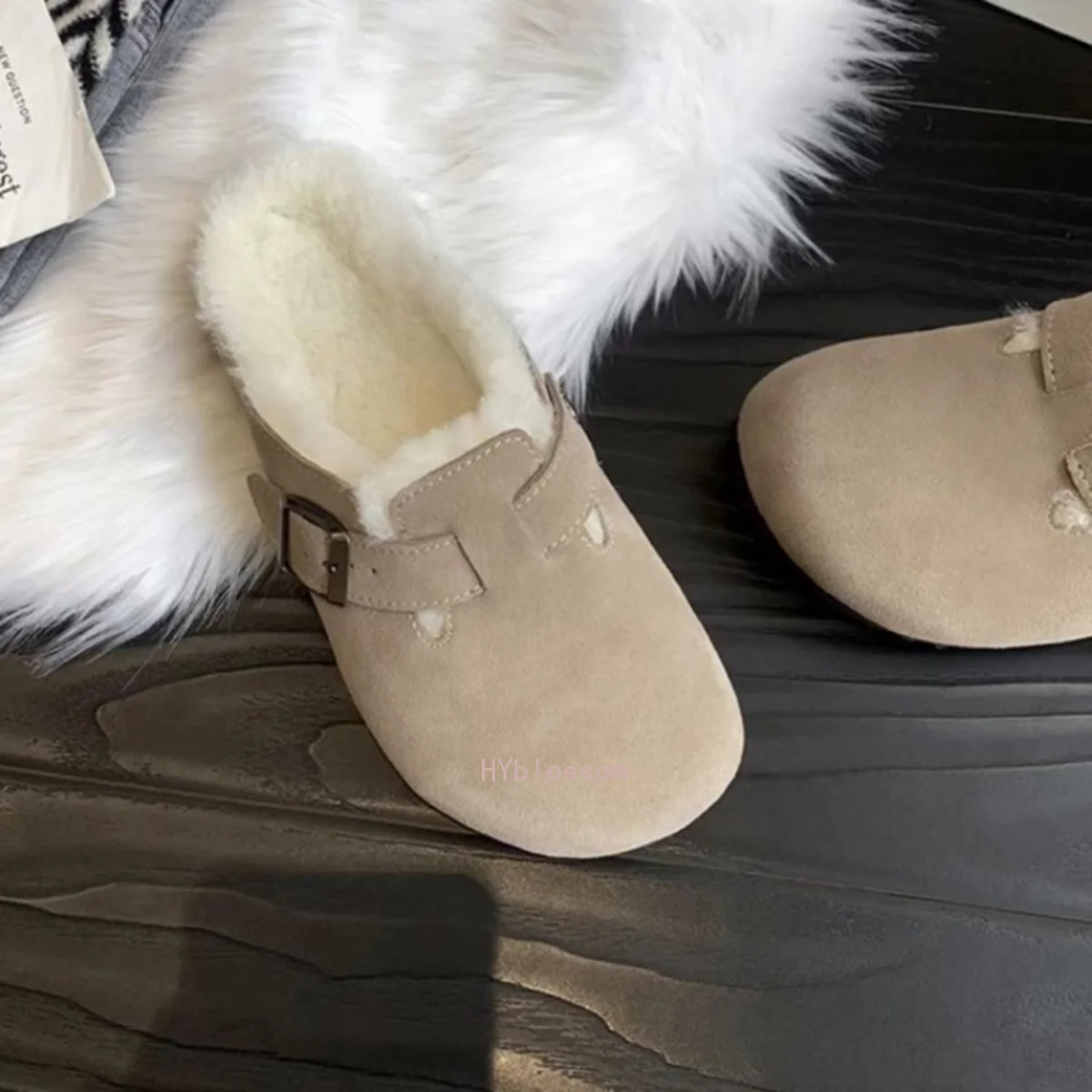 Women Suede Leather Round Toe Slippers  Casual Fur Inside Warm Winter Flat Hees Sandals Woman Plush Slides Women Plus Size