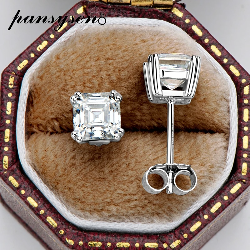 PANSYSEN New Luxury Solid 925 Sterling Silver 1.6 Carat Asscher Cut Real Moissanite Stud Earrings for Women Wedding Fine Jewelry
