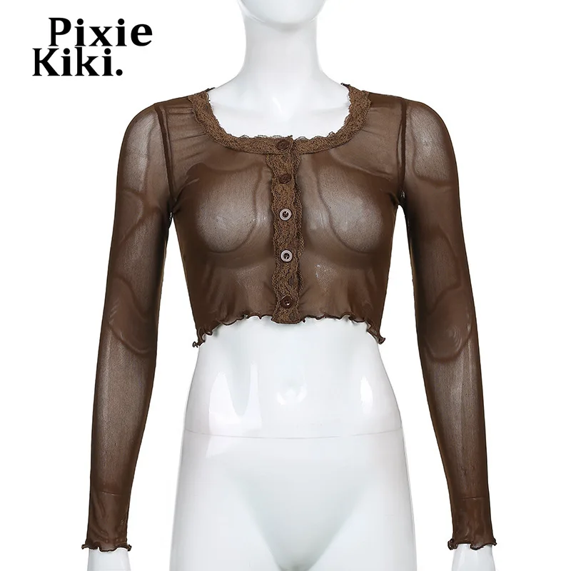 Одежда PixieKiki Y2k кружевные сетчатые коричневые прозрачные короткие топы для