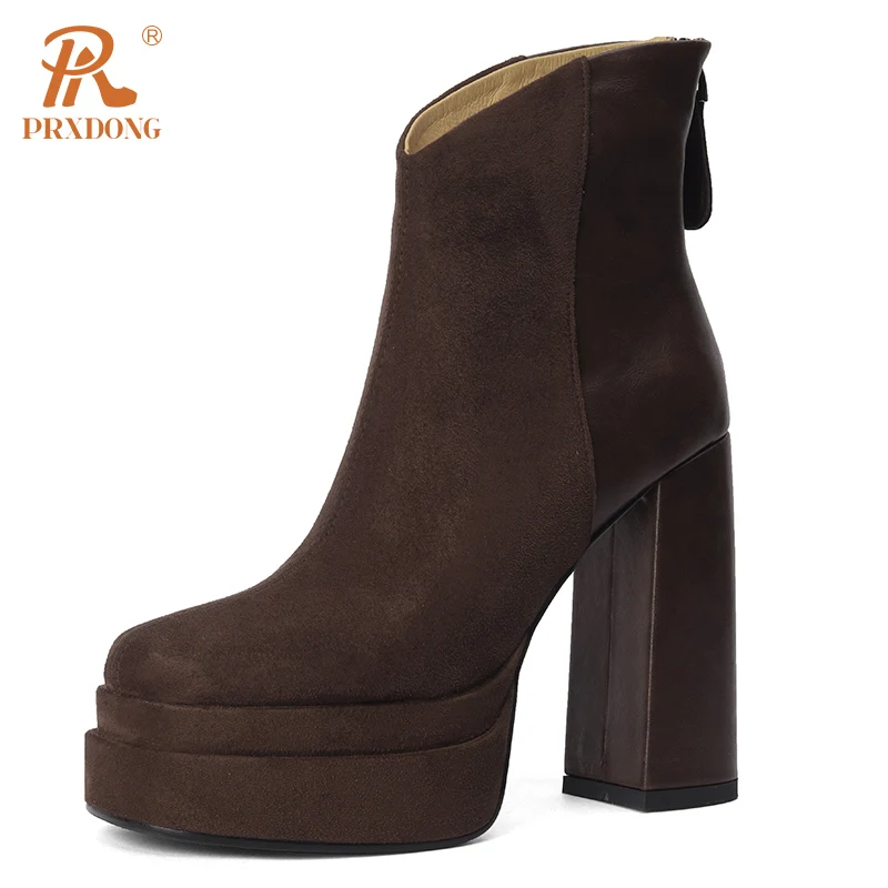 

Женские Классические ботильоны PRXDONG, Черные Теплые ботильоны из натуральной кожи на платформе и высоком массивном каблуке, Осень-зима