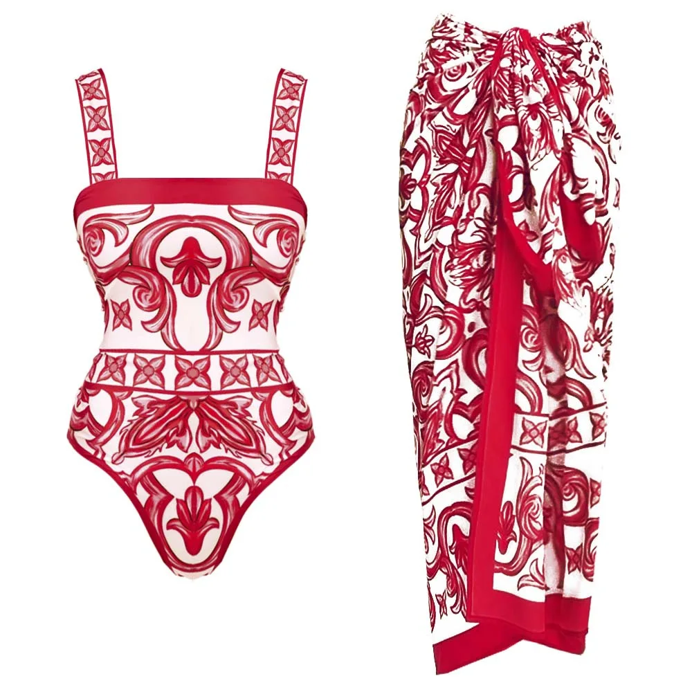 2024 New Swimsuit Ethnic Style Printed One-piece Set Female Hot Item