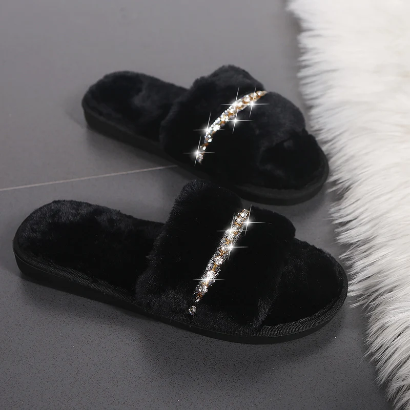 New Women Home Slippers Fashion Shiny Rhinestones Design Open Toe Indoor 2022 Winter Flat Non-slip Leisure Interior Female Shoes