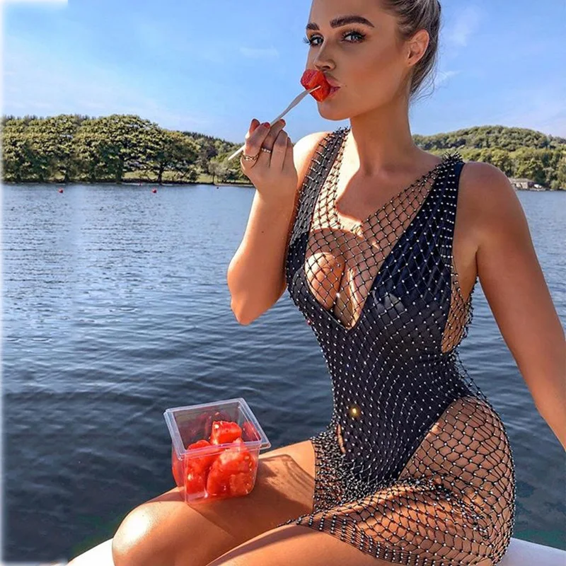 

Beach Dress Women Sexy V Neck Hollow Out Rhinestone Sleeveless Bodycon 2022 Mesh Party Dresses Women-clothing Vestido de Mujer