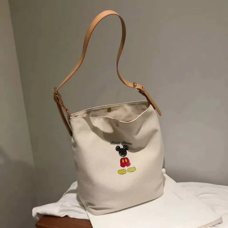 

Холщовая Сумка-ведро Disney с Микки, женская новая ручная сумка, вместительная сумка через плечо с рисунком Микки из мультфильма