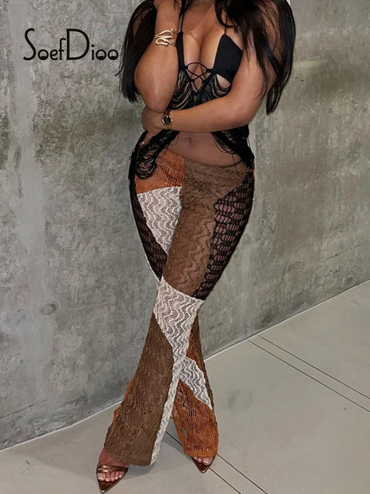 

Soefdioo Printed Sheer Mesh High Waist Pants Women Fashion Micro Flare Trousers Autumn 2022 Female Bottoms Casual Streetwear