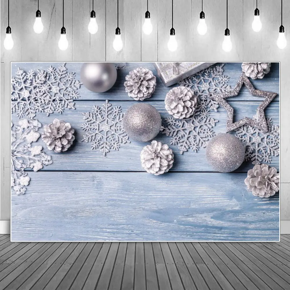 

Snowflakes Balls Pine Cones Wooden Board Planks Christmas Photography Backgrounds Custom Baby Party Decoration Photo Backdrops