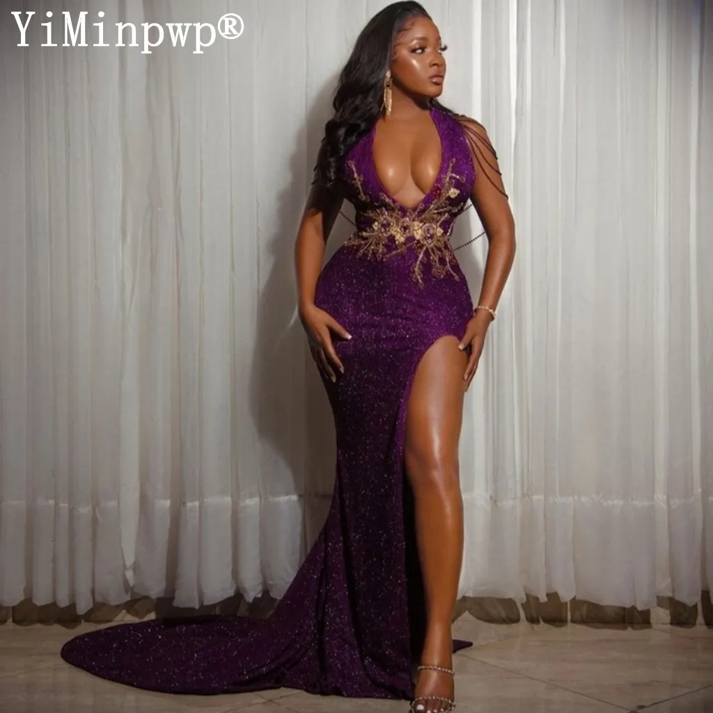 

2023 Purple Mermaid Evening Dresses Deep V Neck Side Split Sweep Train Beading Formal Occasion Dress Prom Wedding Party Gowns