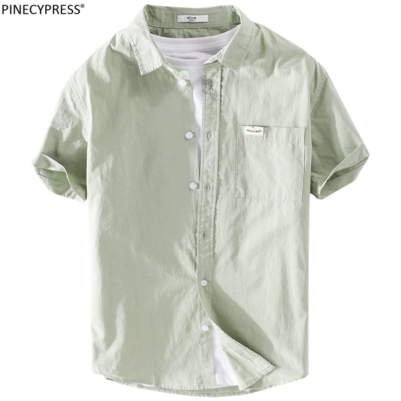 

100% Cotton Spring Autumn Man Casual Shirts Pockets Single Breasted Male Clothing Turn Down Collar Plain Short Sleeve Men Shirt