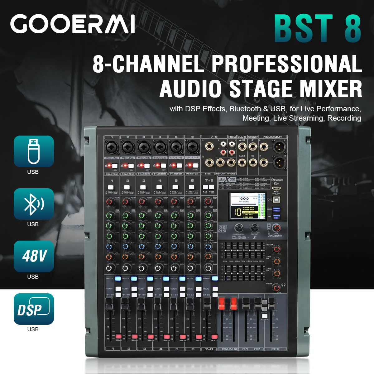 Фото Профессиональный аудиомикшер Gooermi BST Series с USB, фантомным питанием 48В и DSP для прямых трансляций, караоке и свадеб №2
