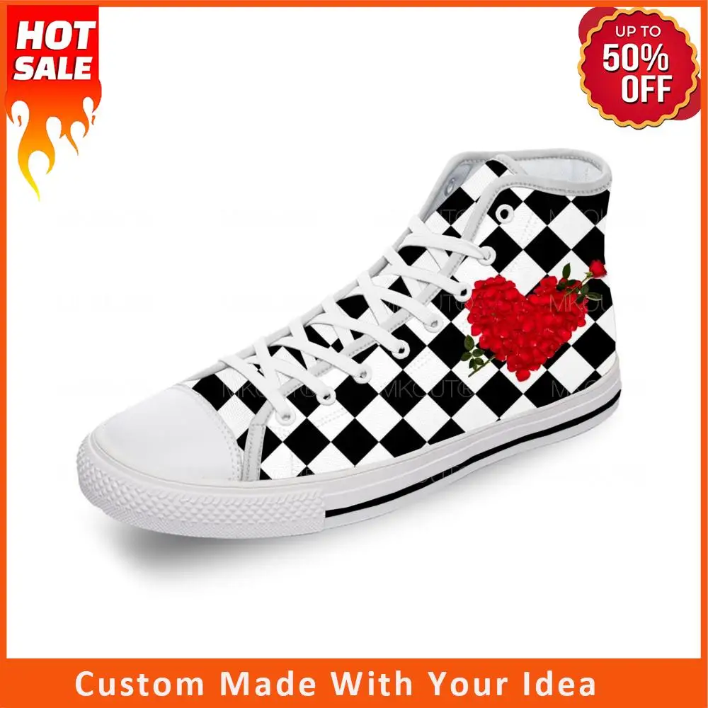 

Холщовые кроссовки для мужчин и женщин, легкие дышащие кеды с высоким берцем, с 3D принтом, квадраты, роза, черные и белые
