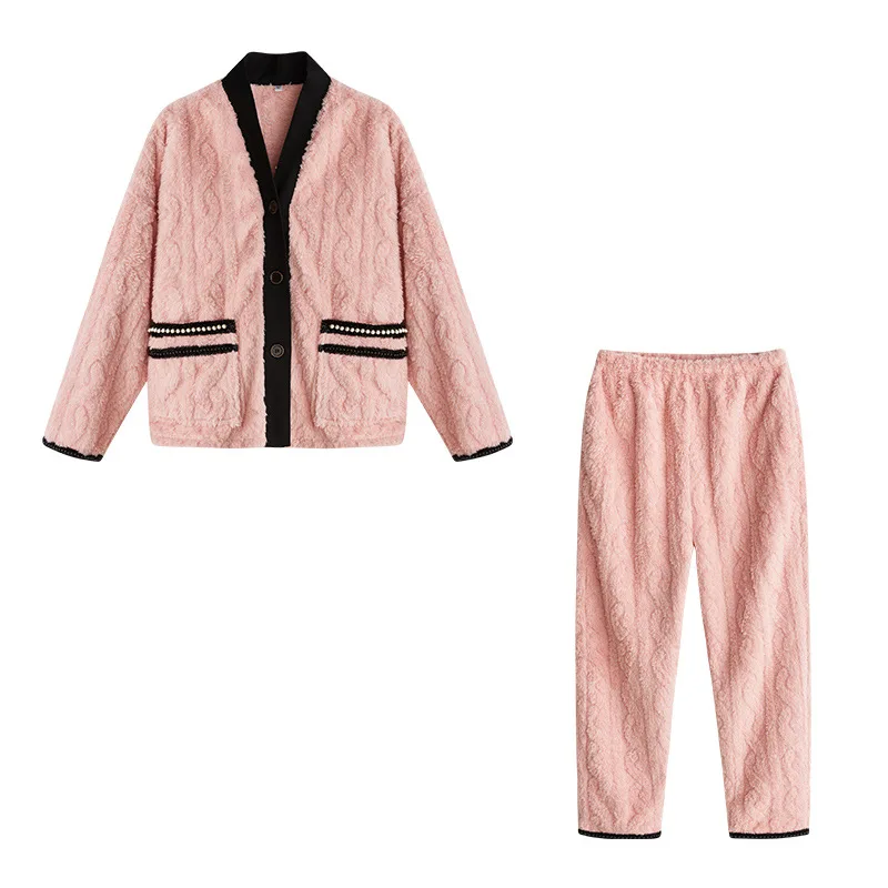 Winter Pajamas Women's Coral Fleece Loungewear Flannel Pajamas Set 2 Pieces Cardigan Couples Homewear Comfortable Elegant