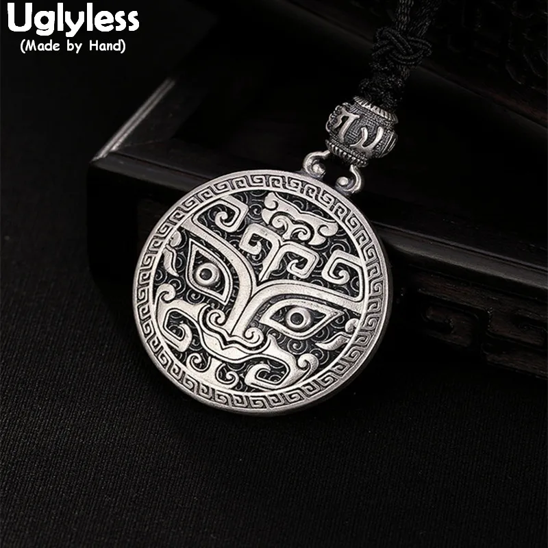Uglyless 100% Real Solid 999 Thai Silver Handmade Myth Animal Necklaces With Rope Chain Hollow Round Medal Pendants Fine Jewelry