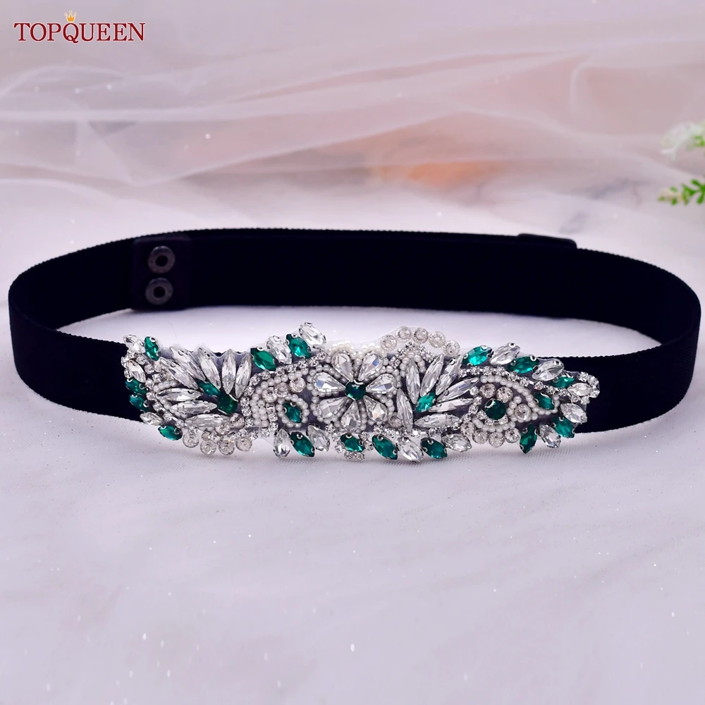 

TOPQUEEN S22 Fashion Women Dress Elastic Belt Adult Green Rhinestones Appliques Paty Female Gown Clothes Decoration All-match