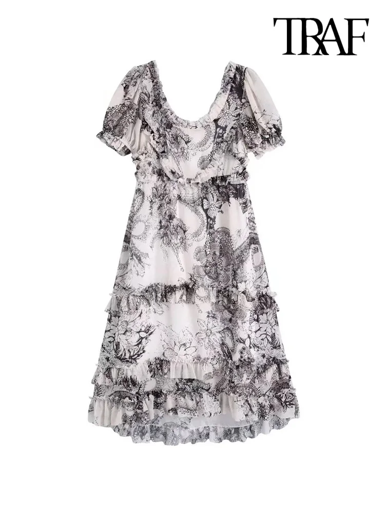 

Платье-миди с оборками и коротким рукавом-фонариком