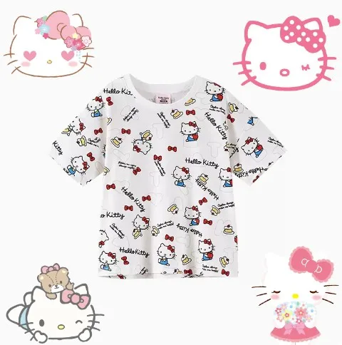 

Новинка 2023, кавайная детская одежда Hellokitty, летняя Милая трикотажная футболка для девочек с принтом из мультфильмов, эластичная футболка с коротким рукавом, оптовая продажа