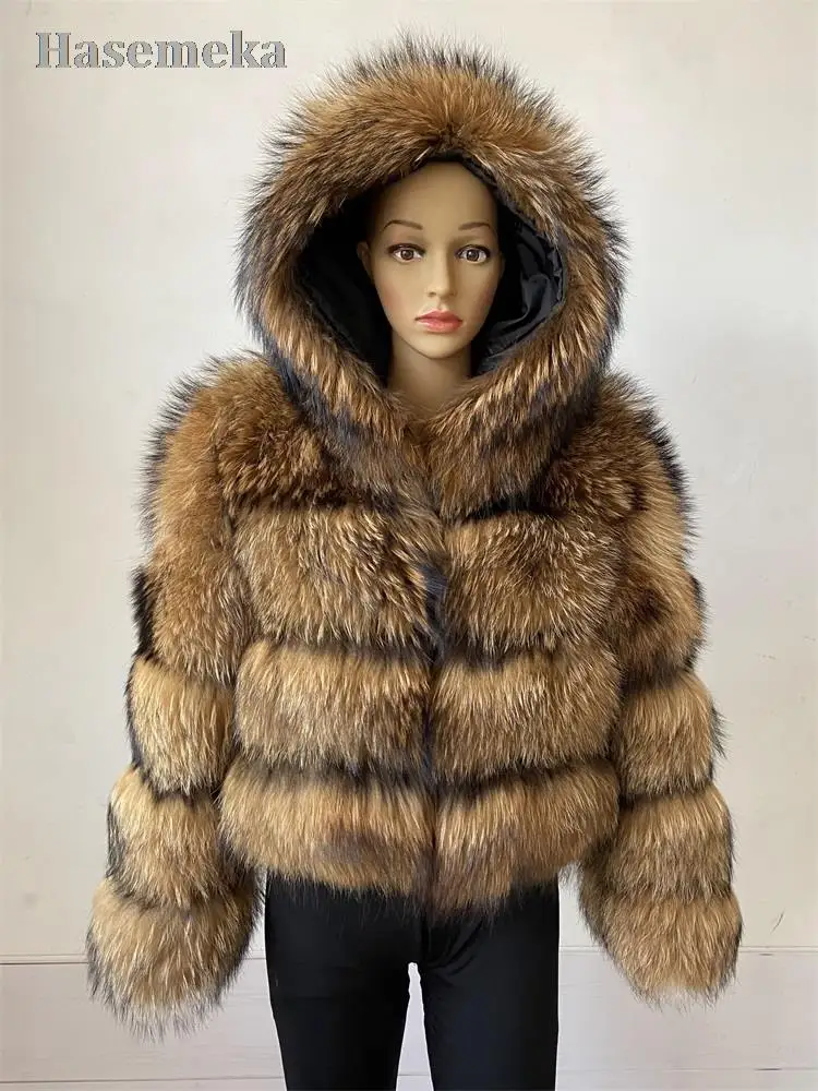 Real Natural Raccoon Silver Fox Fur Hooded Coat Detachable Hood For Women Winter Fashion Warm  Outwear Height 50 CM Plush Jacket