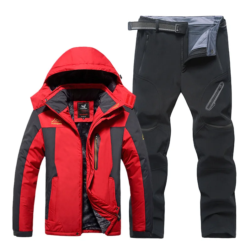 Mountaineering Suit Jacket and Pants Suit Winter Fleece Thickening Outdoor Jacket and Pants Suit Men's