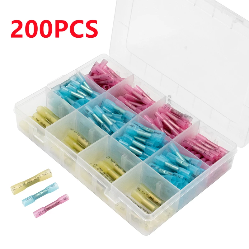 Prova Impermeável Água do Psiquiatra do Calor Conectores de Fio Isolados Selo Butt Splice Friso Cabo Kit Elétrico Tubo Manga Terminais de Fio 200 Peças à