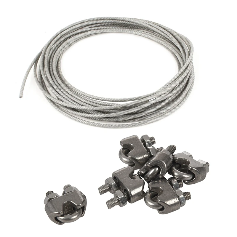 

Retail 5Mm Dia Steel PVC Coated, Flexible Wire Rope Cable With 6Pcs 304 Stainless Steel Saddle Clamp Cable Clip