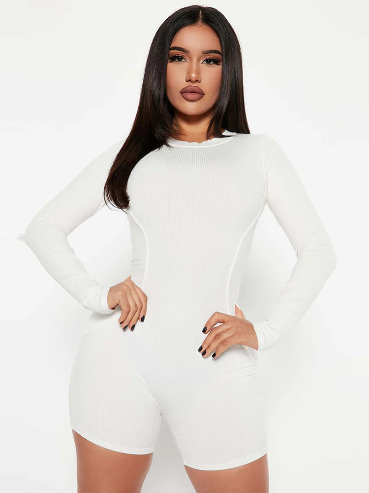 Active Girls Crewneck Long Sleeve Sheath Bodysuit Casual Workout Running Jumpsuit 2023 Streetwear Elastic Ribbed Skinny Playsuit