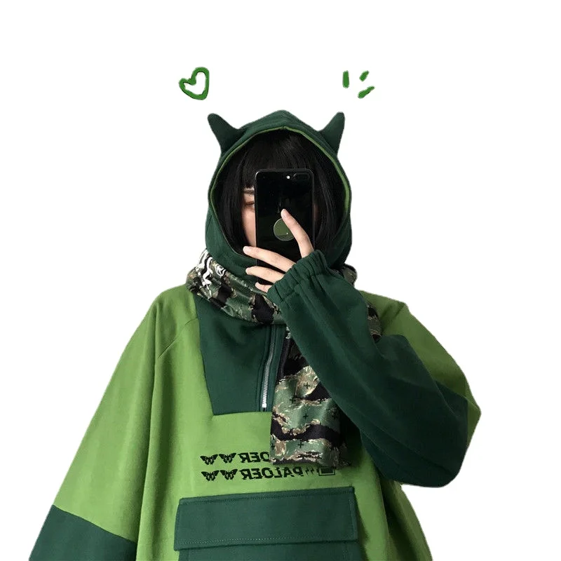 

M-XL Harajuku Frog Hoodie Alt Aesthetic Streetwear Women Anime Long Sleeve Oversized Kawaii Cute Pullover Green Top Girls