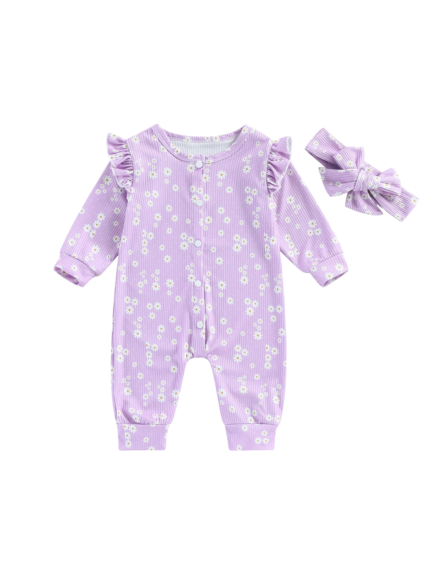 

Adorable 2-Piece Baby Girl Romper Set with Floral Print Button Long Sleeves Crew Neck and Headband - Perfect for Fall