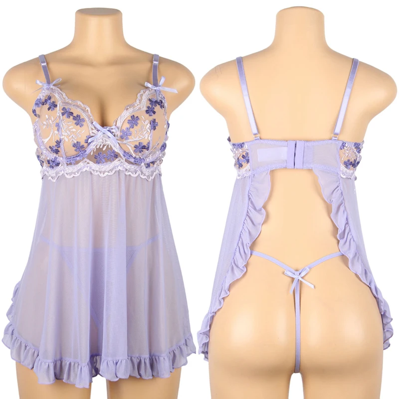 Comeondear Purple Sexy Nighty Dress Women's Lace Sleepwear Babydoll Suit Plus Size Back Slit See Through Underwear Mesh Lingerie