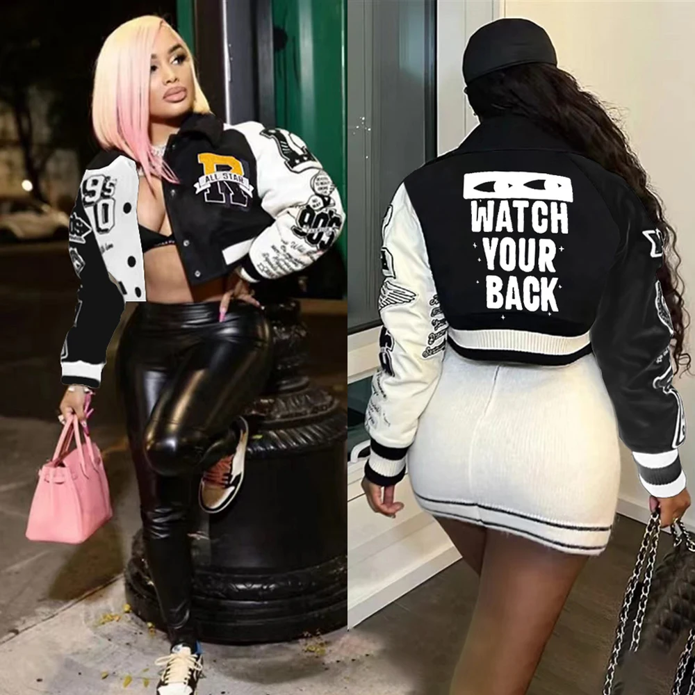

Women Splicing Color Contrast Short Jackets Female Y2K Single Breasted Cropped Jacket Streetwear 2023 Spring Racing Bomber Coat