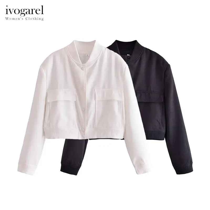 

Ivogarel Maxi Bomber Jacket with Pockets Women's Cropped Jacket with Round Neck Long Sleeves Matching Ribbed Trims