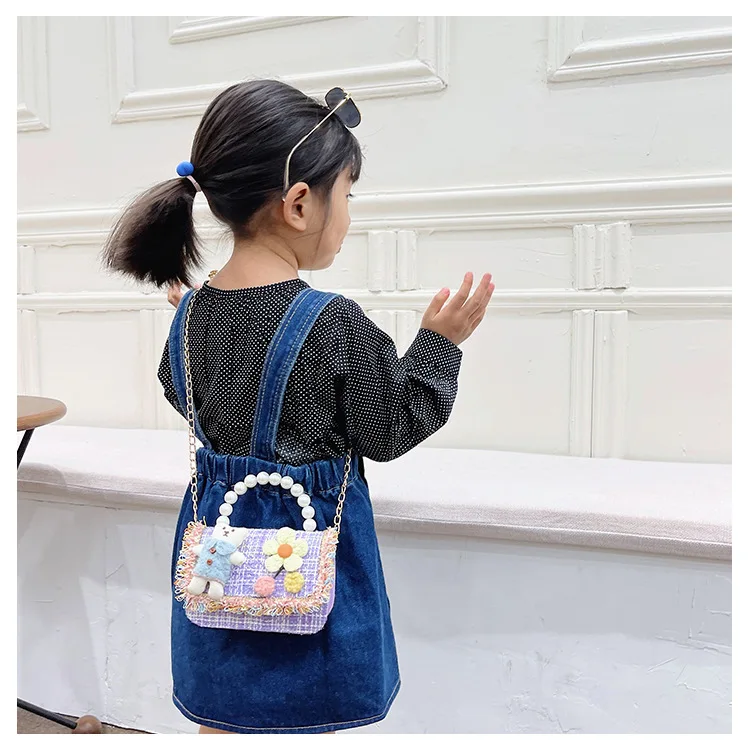Cute Bear Children' Small Square Shoulder Bags Luxury Design Baby Girls Crossbody Bag Fashion Princess Pearl Handbags Coin Purse