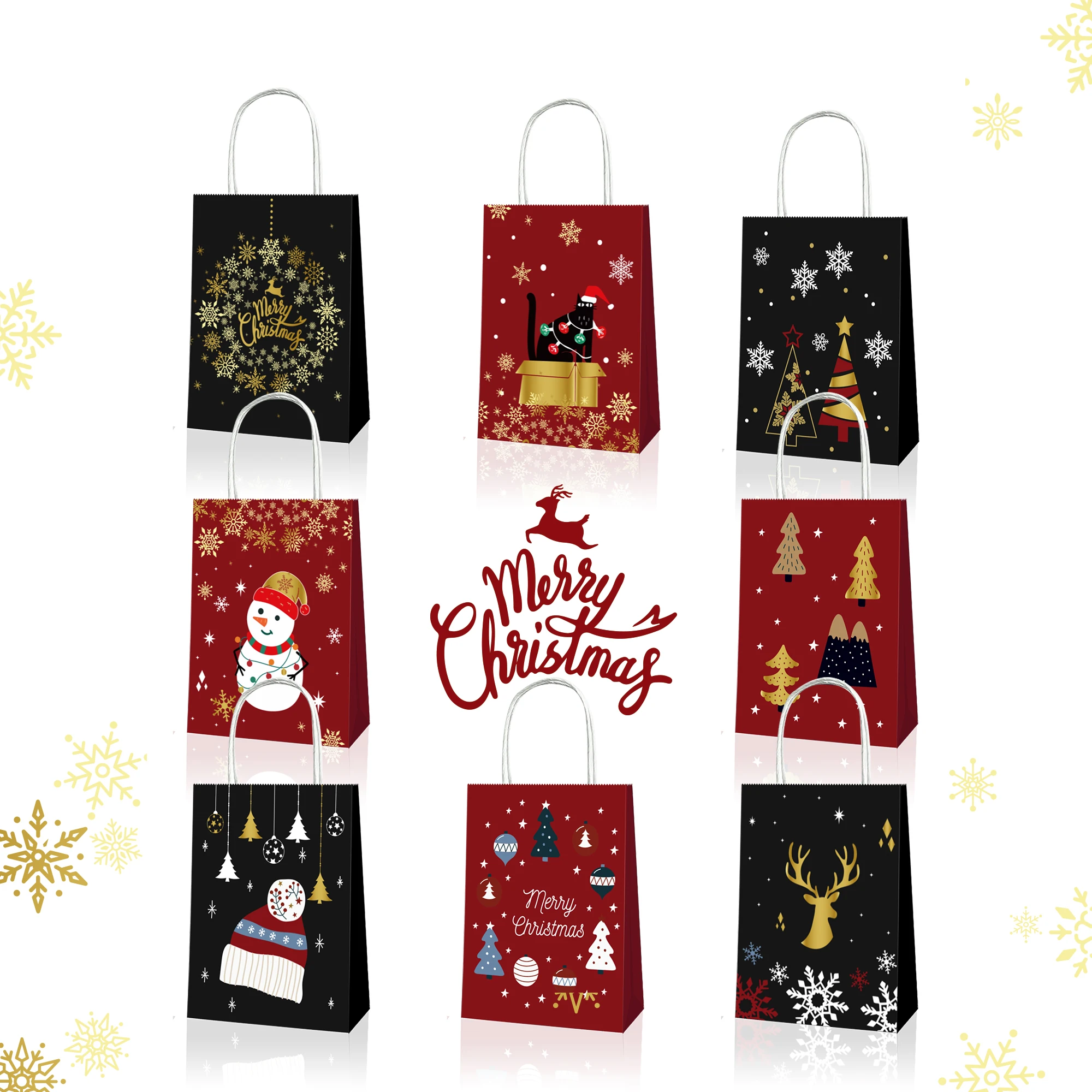 

BD091 12Pcs Merry Xmas Cartoon Christmas Tree Deer Party Portable Packing Paper Tote Gift Bags Happy New Year Party Decorations