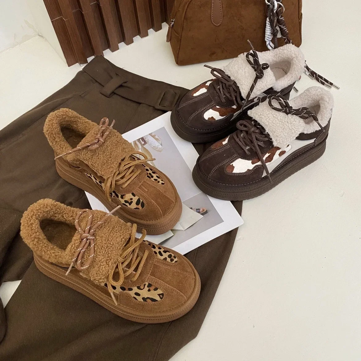 Vintage Leopard Print Hairy Woman 2024 Autumn/winter New Thick Soled and Fleece Warm Boots