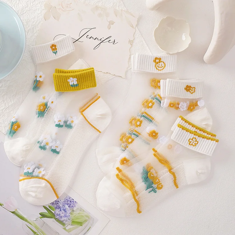 5 Pairs Summer Thin Cotton All-Over Transparent Sweet Mid-Tube Socks