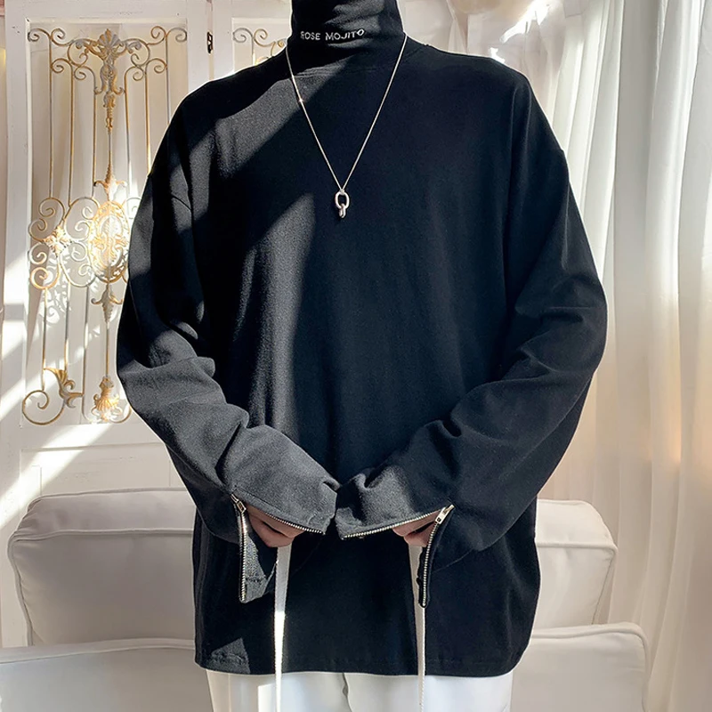 

Autumn Fashion Zipper Slit Long Sleeve T Shirts Men Casual Solid Turtleneck Loose Tee Shirt For Mens Clothes 2022 New Streetwear