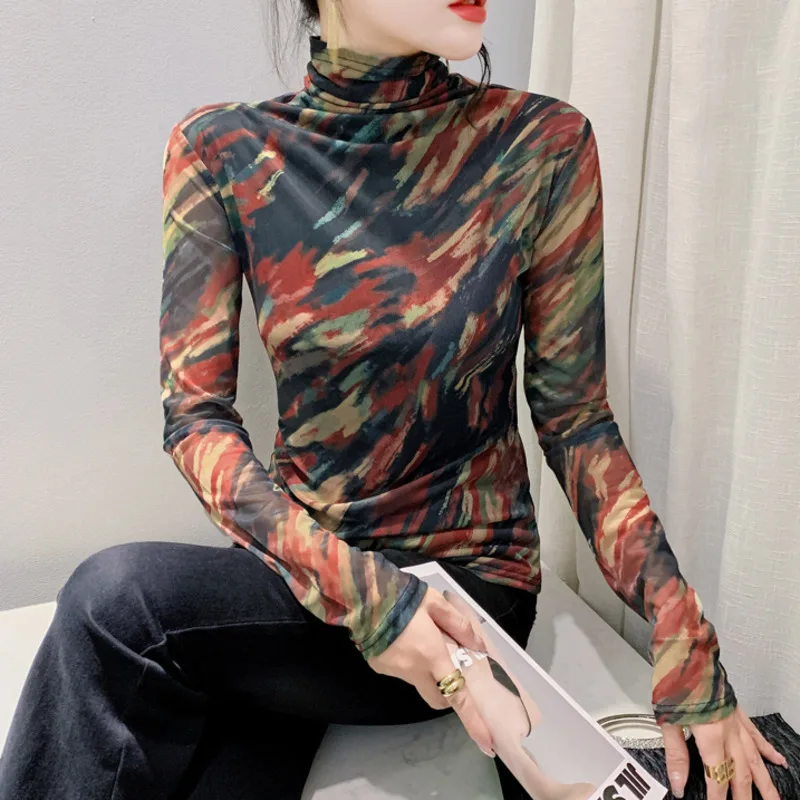 #8867 демисезонная Футболка с воротником хомут Женская сетчатая облегающая