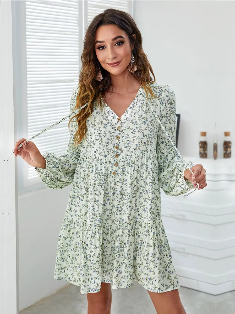 

Ladies Vintage Oversize Loose Mini Dress Women Casual Long Sleeve Ruffles Bohemian Spring Summer Women Dress Robe Female