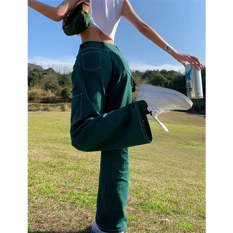 Vintage Green straight tube jeans, women's new work clothes in summer 2022, wide leg pants, high waist, long pants, trendy