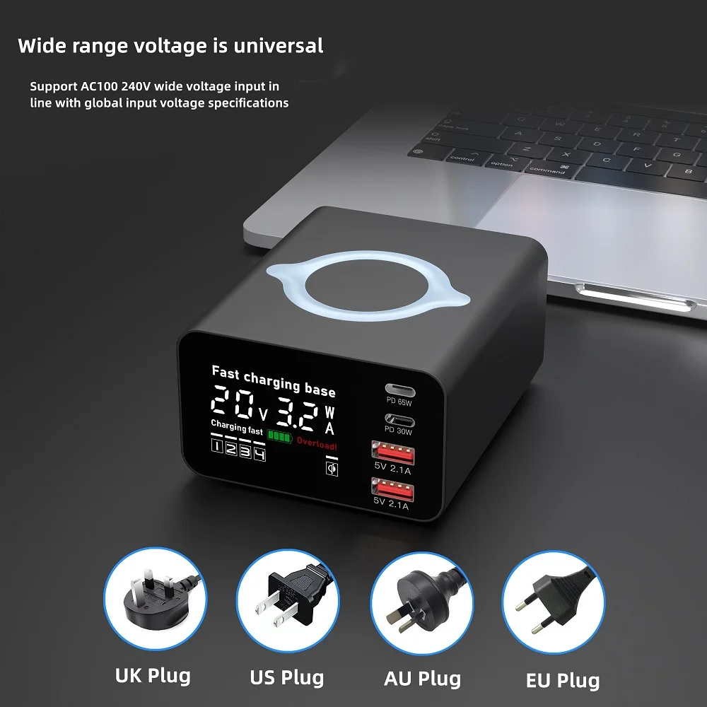 

PD 65W QC3.0 Quick Charge LCD Display 4Port 15W Wireless Charger 110W USB C Phone Charging Station For iPhone Xiaomi Samsung