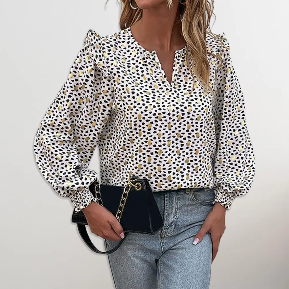 

Женская блузка в горошек, с V-образным вырезом и длинным рукавом