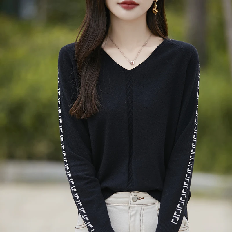 Женский трикотажный кашемировый пуловер с длинным рукавом и V-образным вырезом